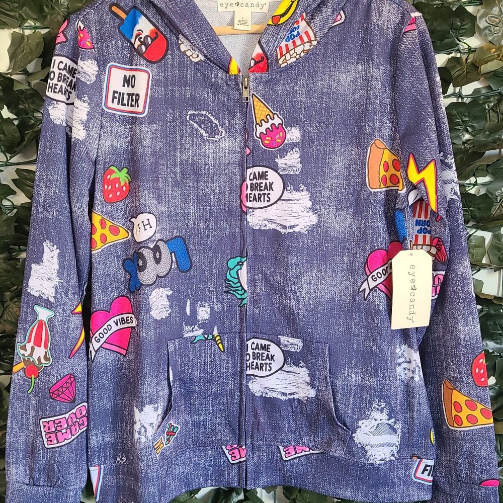 NWT Eye Candy Denim Printed Hooded Light Jacket